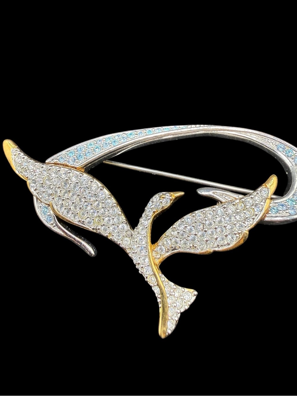 Vintage 1999 Swarovski Crystal Pavé Hummingbird Brooch in Gold and Silver